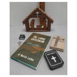 Nativity scene,  bibles, catechism +