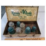 Handy Andy metal tool box & vintage glass