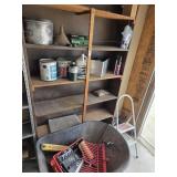 Shelf, wheelbarrow, step ladder+
