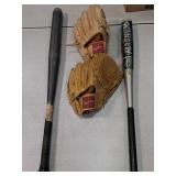 2 aluminum bats & gloves