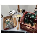 Crate , outdoor lamp & outlets, pegboard hooks &