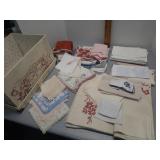 Variety of hankies,  table cloth & decorative box