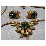 *Trifari green rhinestone necklace & clip-on