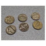 6 nickel coins - 1943 P war, 1943 S war, 1930 P &