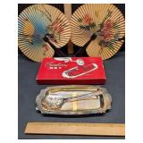 Chinese folding fans & silverplate Cranberry Set