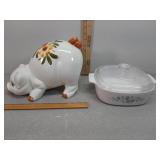 Corningware casserole  & pig bank
