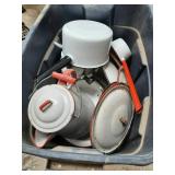 Tote of enamel pot & pans