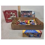 Toys, old Mayflower biscuit tin, Pinewood Derby