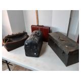 Old leather doctors bags & brief case, metal tool