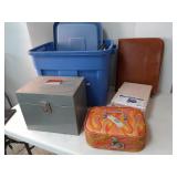 1970s small suitcase,  tote, metal box & other