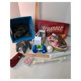 Toys, army men, scrabble +