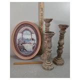 Wood candle pedestals & oval framed print