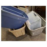 4 storage totes (no lids) & milk crate