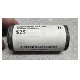 Mint roll, $25 McKinley dollar US coins