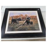 >Framed Artwork lab puppies & turkey. Crowe
