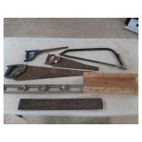 Miter box, level & saws