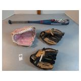 T- ball bat & 3 - t-ball gloves