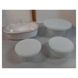 3- Arc glass storage w/ lid & casserole