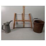buck saw, metal bucket & oil can