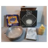 Cake pans, marble cheese tray, measuring cups &