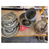 Action packer tote, Gas can, hubcaps, bucket +