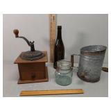 Galvanized flour sifter,  vintage coffee grinder,