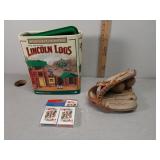 Lincoln Logs, cards & ball glove and bb