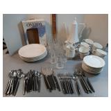 Carafe,  plates ,cups ,silverware & glasses