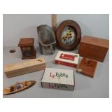 Galvanized feed scoop,  wood boxes,  post office