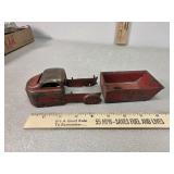 Steel toy dump truck, parts