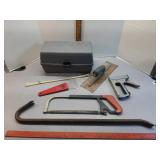 Plastic tool box , prybar, saw, Craftsman stapler
