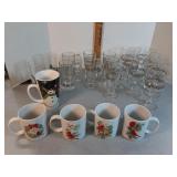 Gold rimmed Christmas glasses,  cardinal mugs & +