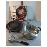 Calphalon pan & Lid, stove top grill , masher &