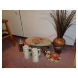 FOOTSTOOL, STEINS, VASE +