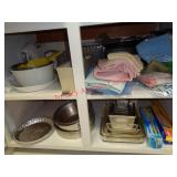 TOWELS, BAKING DISHES - CONTENTS OF CABINET