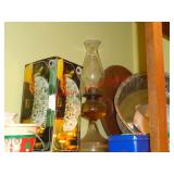 GLASS OIL LAMP, CONTENTS CABINET TOP OF STAIRS