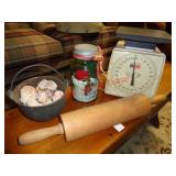 HANSON SCALE, CAST IRON KETTLE, ROLLING PIN +