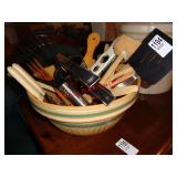 CROCK BOWL W/ KITCHEN UTENSILS