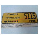 1962 cabin trailer metal Nebraska license plate
