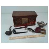 Vintage cigarette lighters and 3 tobacco pipes