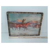 Antique cowboy horse Log Cabin framed picture - O