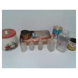 Vintage coffee and other tins, glass bottles,