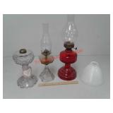 3 oil lamps - US Glass Co peacock feather and