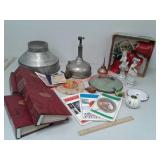 Misc lot - porcelain lids, oil lamp, vintage