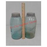 2 blue Ball glass jars with zinc lids