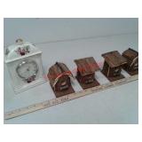 4 tree bark bird houses and decorative desk clock