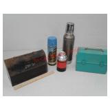 Antique sliding metal lunch box, vintage thermos