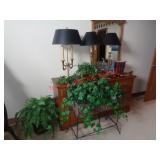 BASKET W/ GREENERY, LAMPS, DOG BOOKENDS  ++