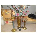 3 BRASS CANDLESTICKS & VASE & METAL BOOT SCRAPER