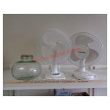 2 TABLE FANS & GLASS JAR W/ CORK LID